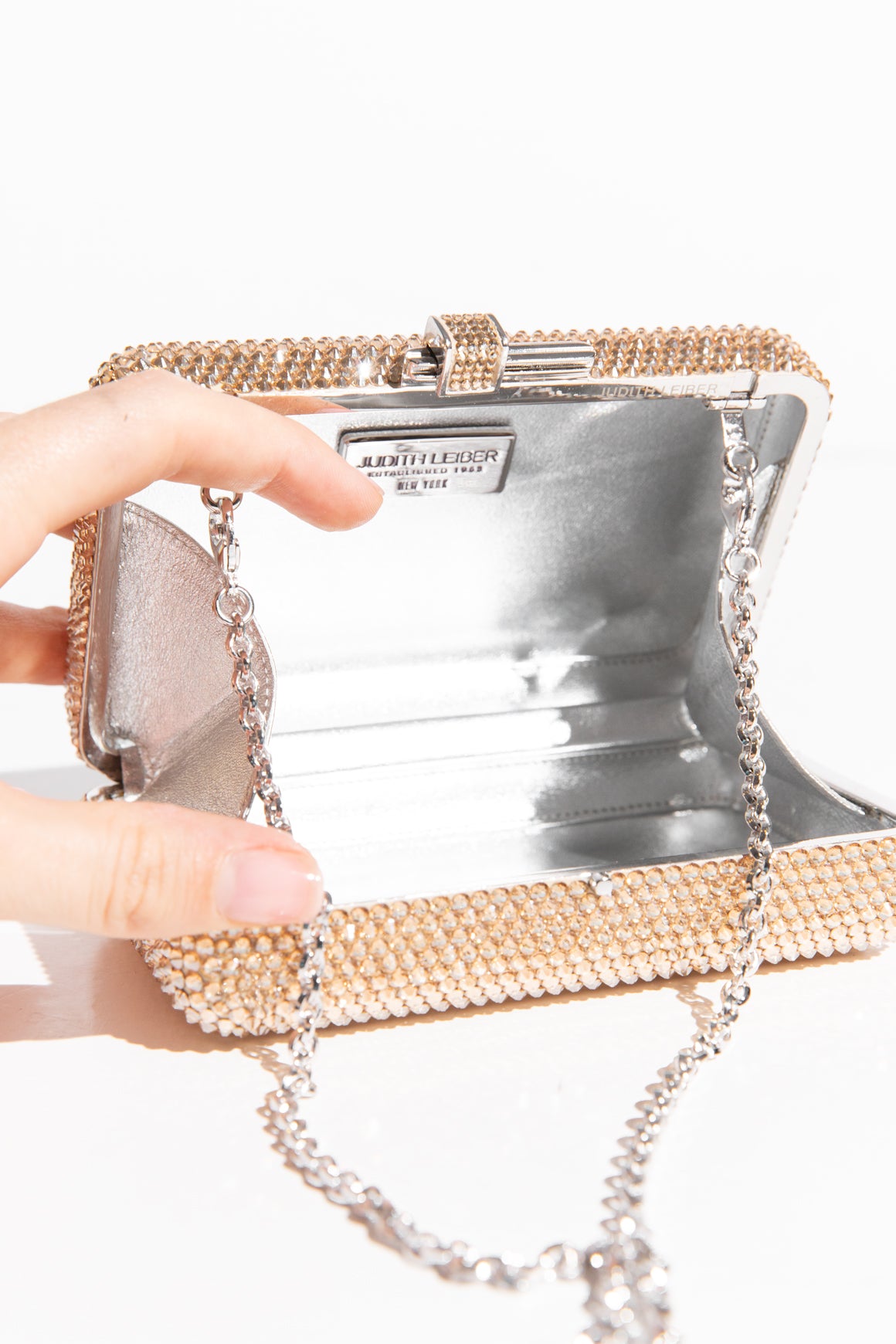 JUDITH LEIBER Gold Slim Slide Crystal Clutch Bag