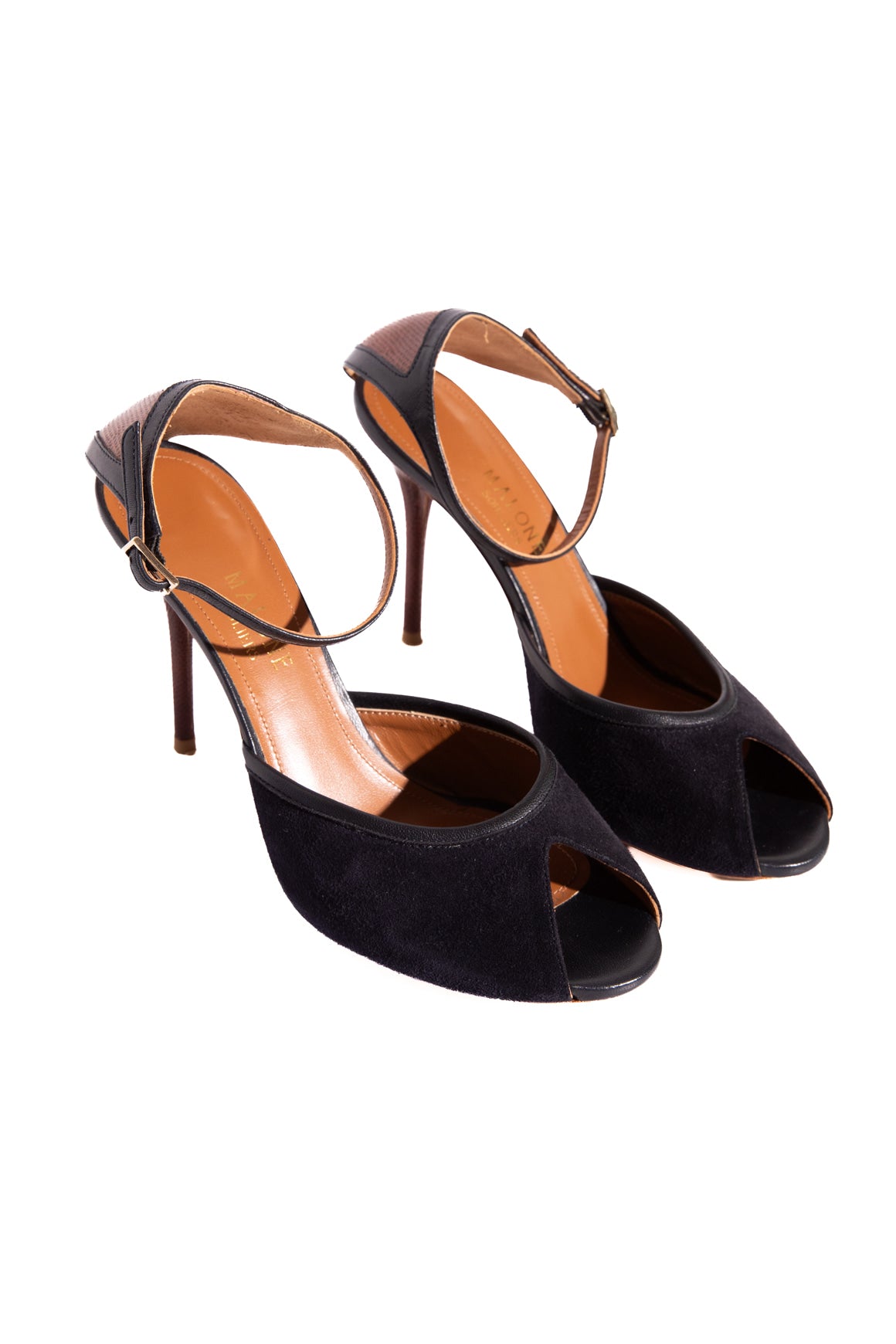 MALONE SOULIERS Navy Suede & Brown Lizard Heels (Sz. 38)