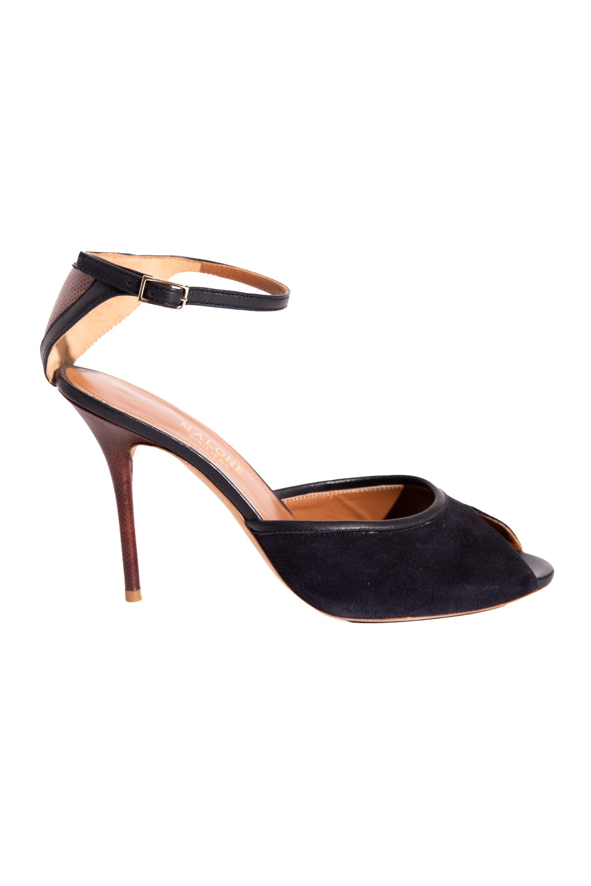 MALONE SOULIERS Navy Suede & Brown Lizard Heels (Sz. 38)