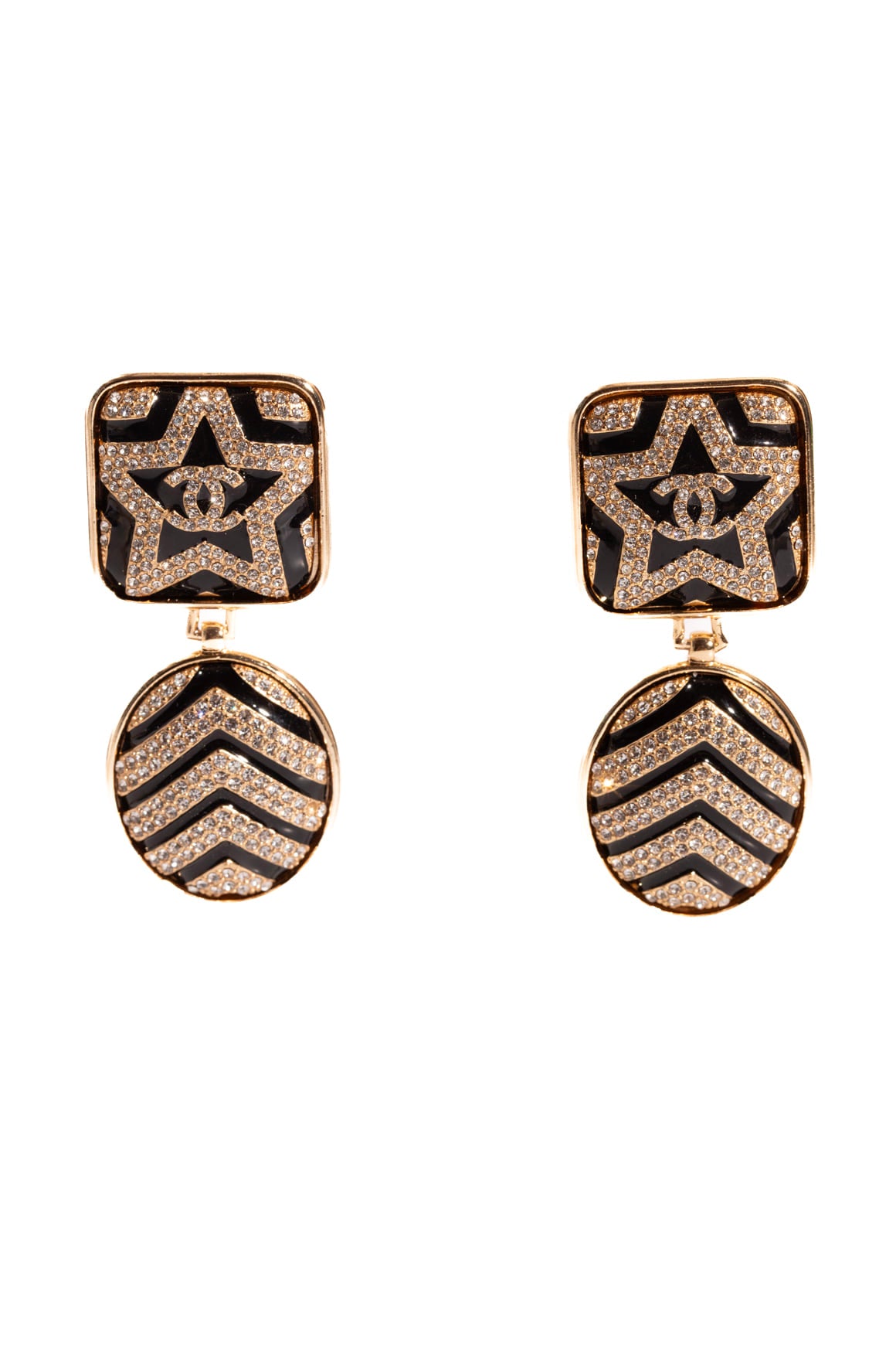 CHANEL Black Enamel & Crystal Star CC Drop Earrings