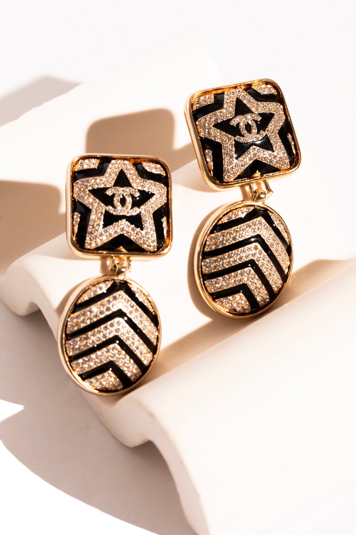 CHANEL Black Enamel & Crystal Star CC Drop Earrings
