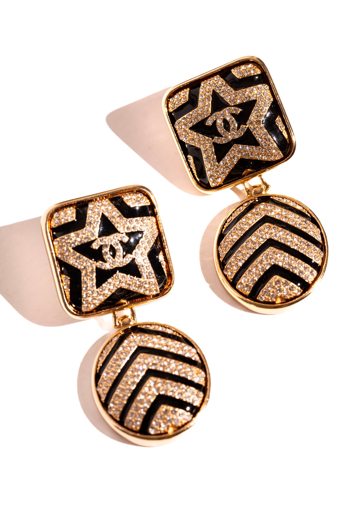 CHANEL Black Enamel & Crystal Star CC Drop Earrings