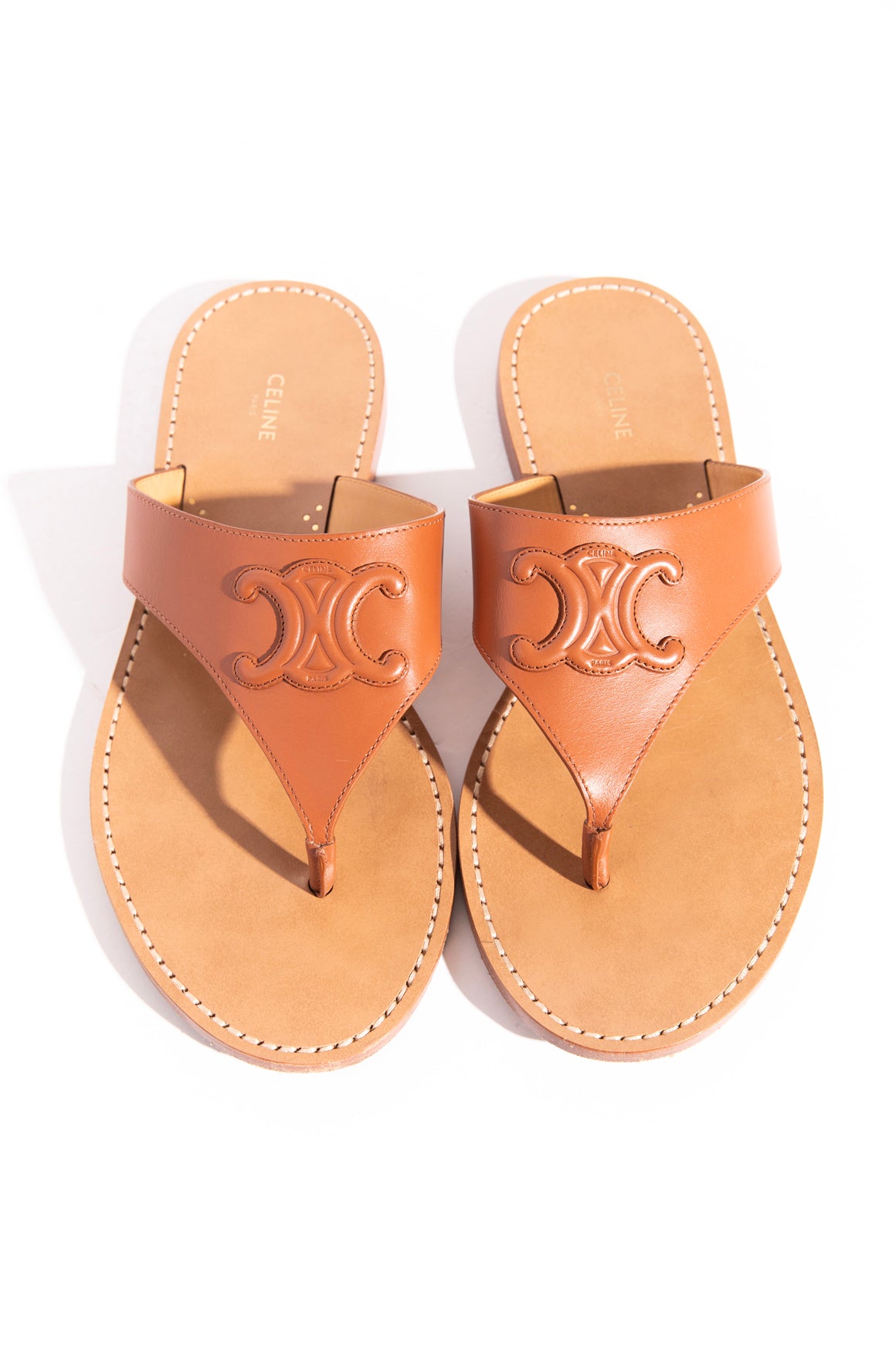 CELINE Tan Leather Triomphe Thong Sandals (Sz. 40)