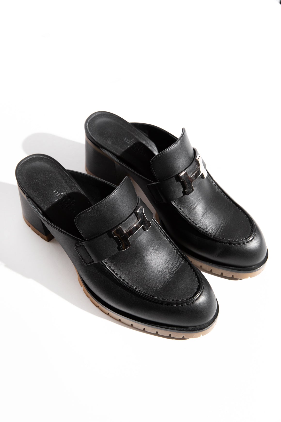 HERMES Black Leather Flore 60 Mule (Sz. 37.5)