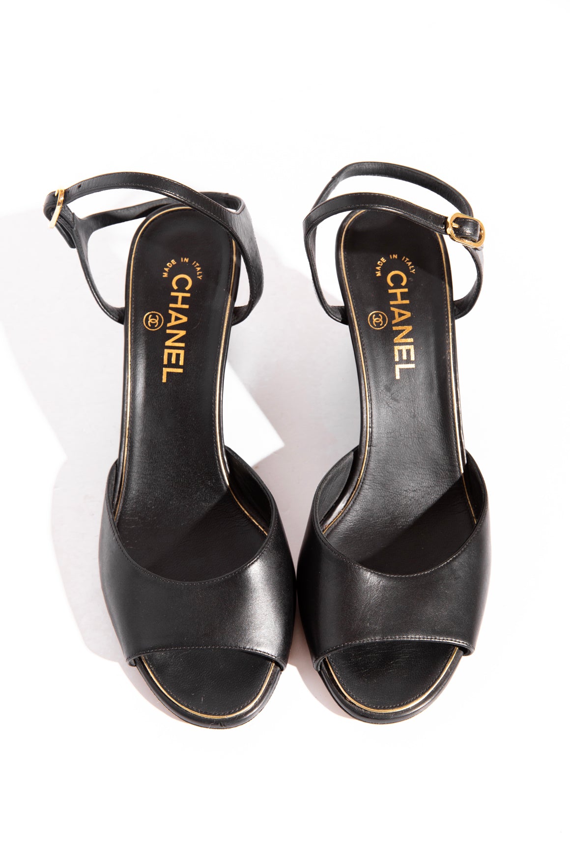 CHANEL Black Pearl Detail Wedge Sandals (Sz. 40.5)