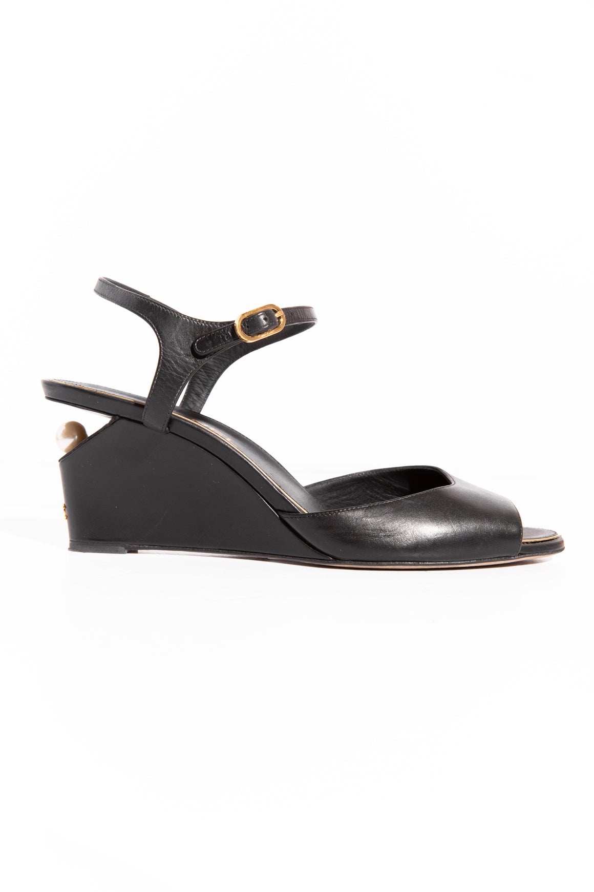 CHANEL Black Pearl Detail Wedge Sandals (Sz. 40.5)