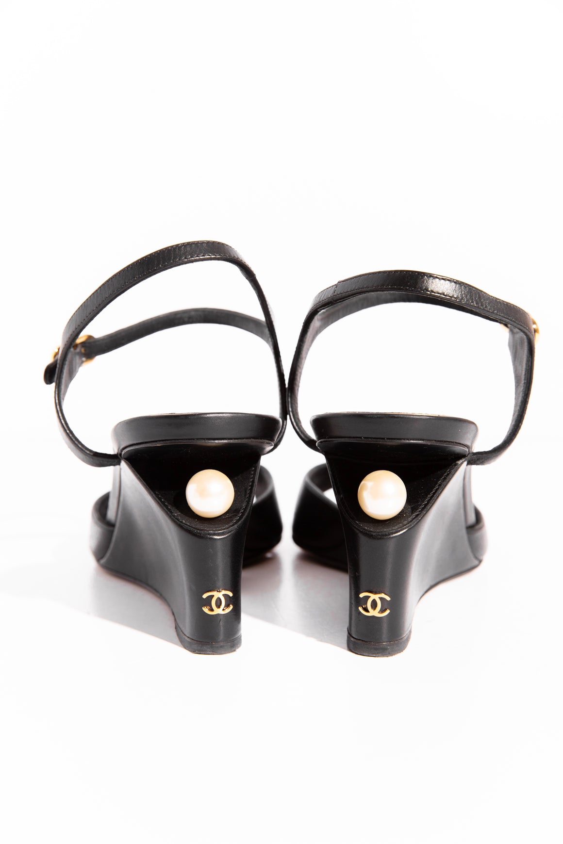CHANEL Black Pearl Detail Wedge Sandals (Sz. 40.5)