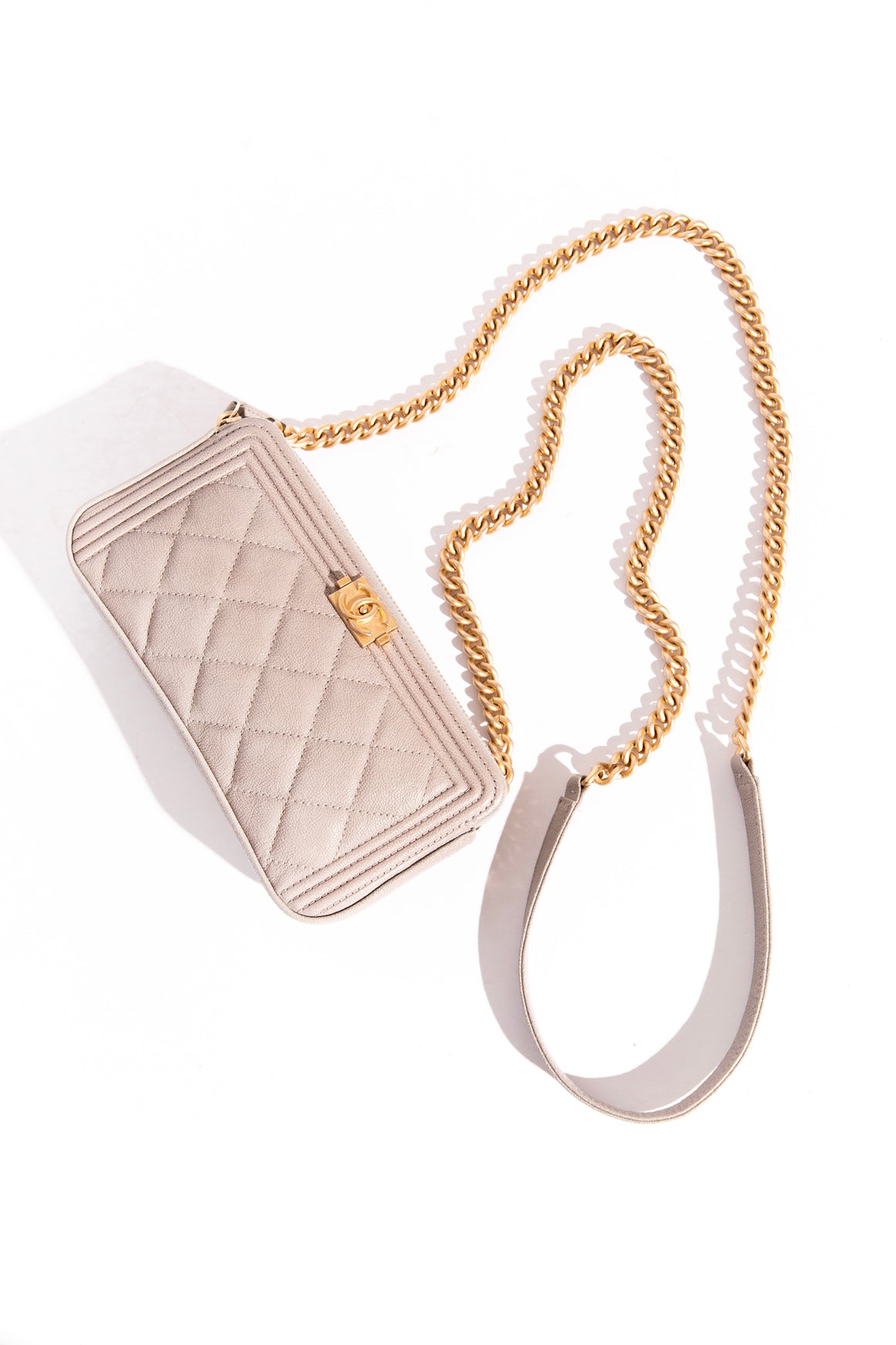 2019 CHANEL Taupe Caviar Double Zip Boy Wallet on Chain