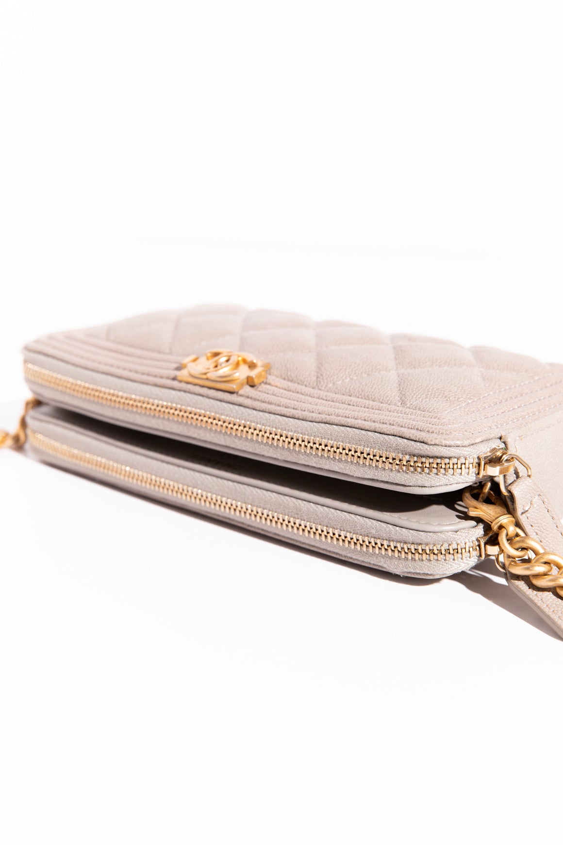 2019 CHANEL Taupe Caviar Double Zip Boy Wallet on Chain