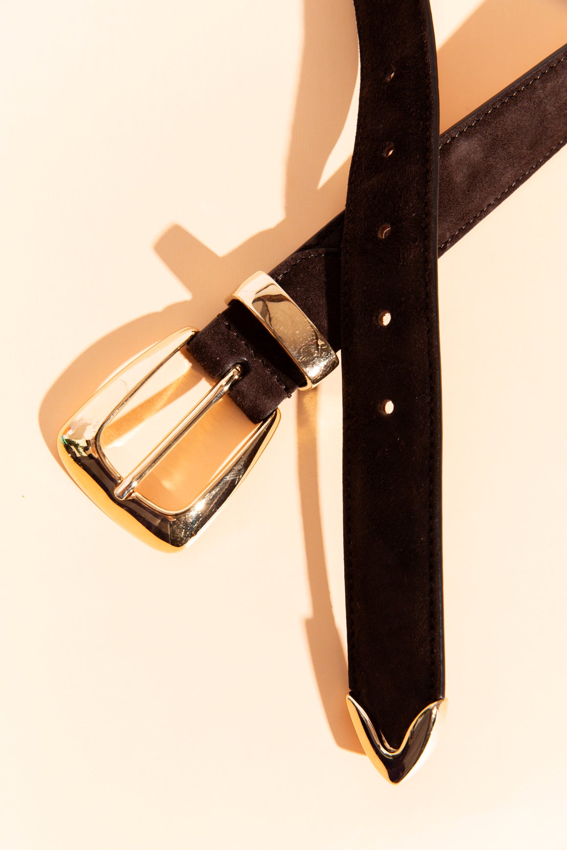 KHAITE Brown Suede Gold Buckle "Benny" Belt (Sz. 85)