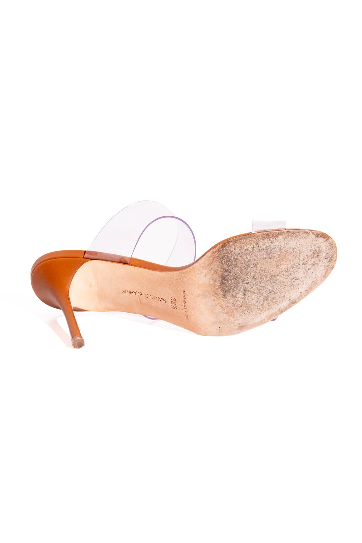 MANOLO BLAHNIK Tan Leather PVC Strap Pumps (Sz. 38.5)