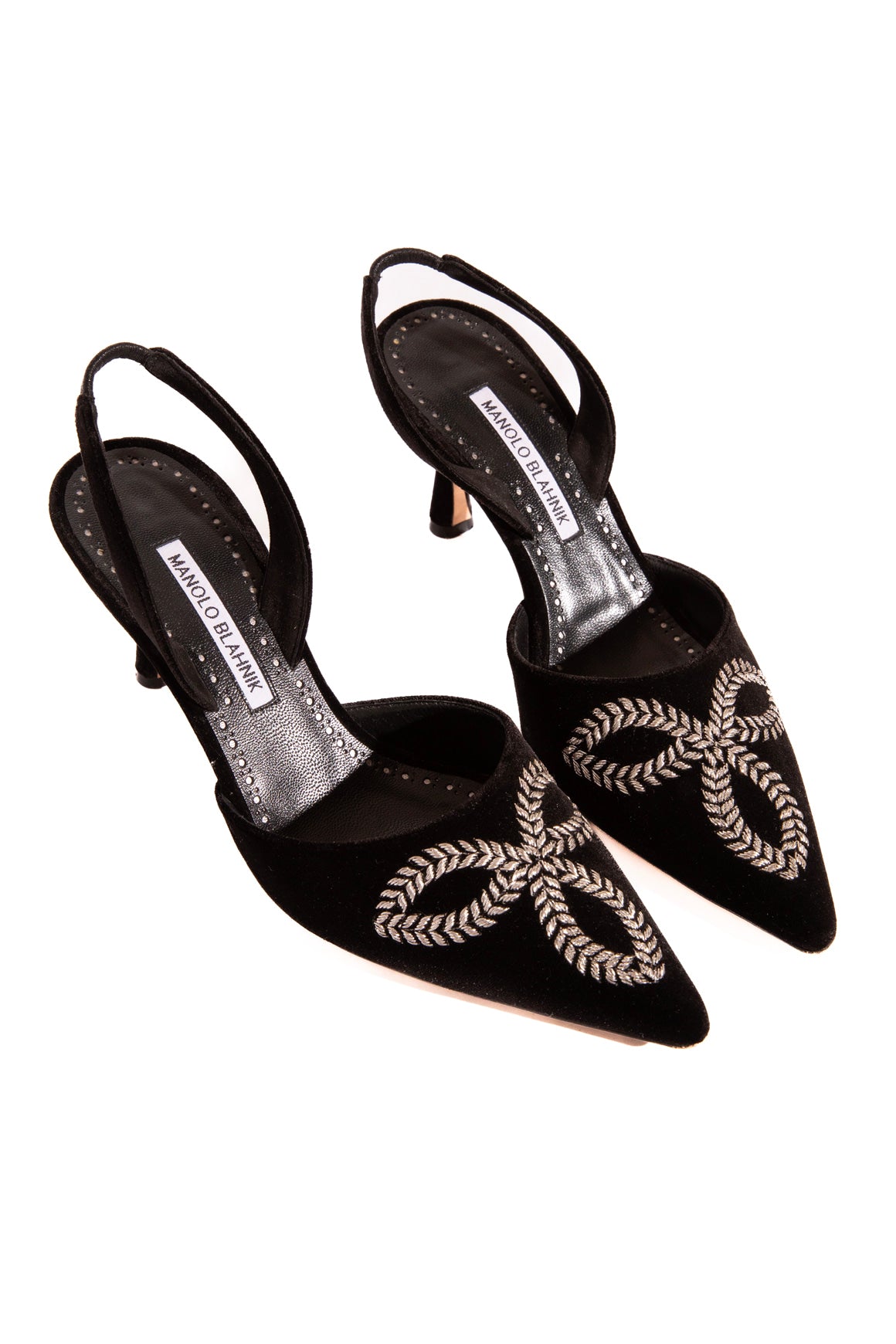MANOLO BLAHNIK Black Velvet Embroidered Sling-backs (Sz. 38)