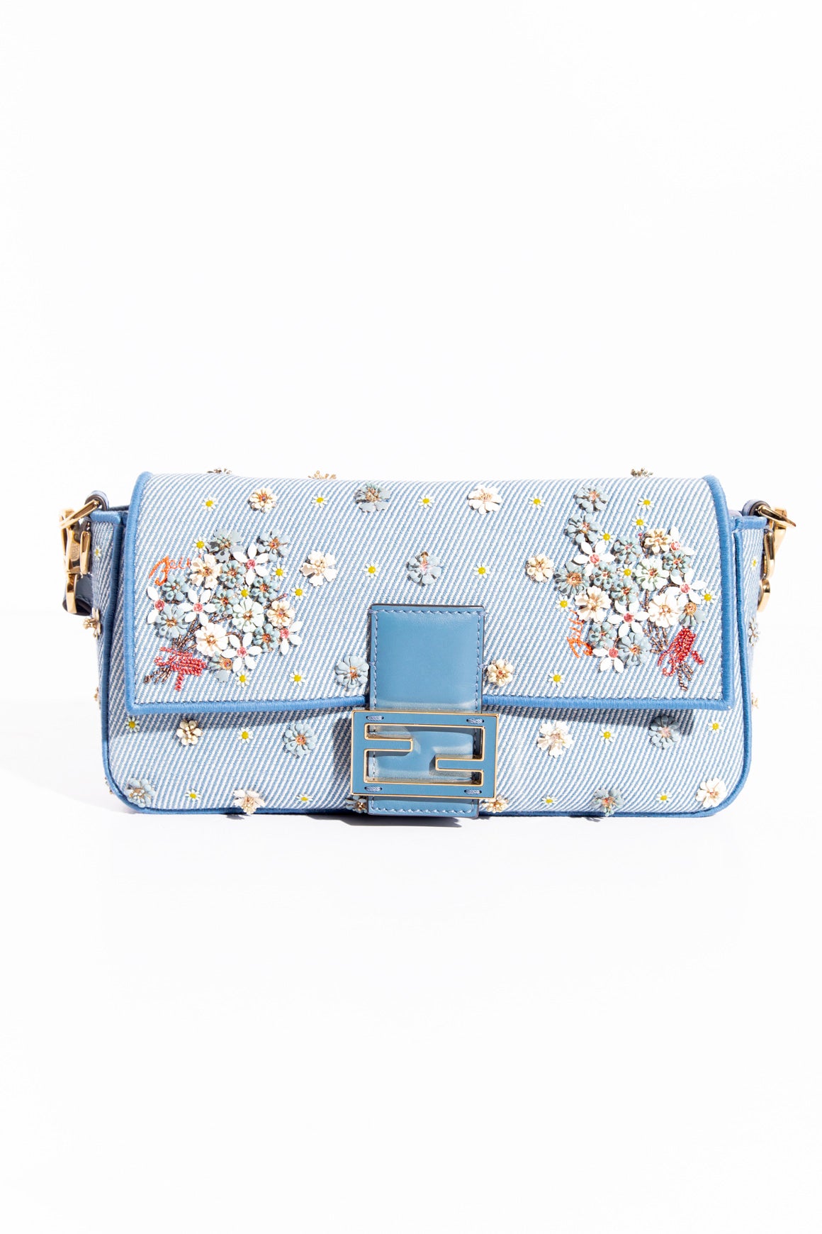 FENDI Embellished Denim Effect Baguette