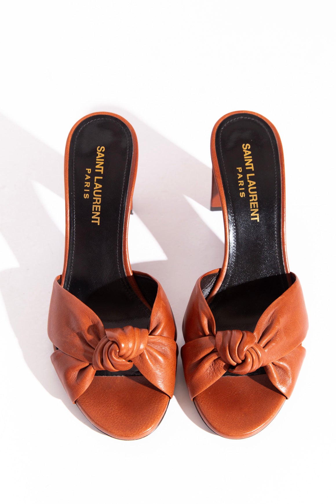 SAINT LAURENT Leather Knot Heeled Mules (Sz. 35.5)