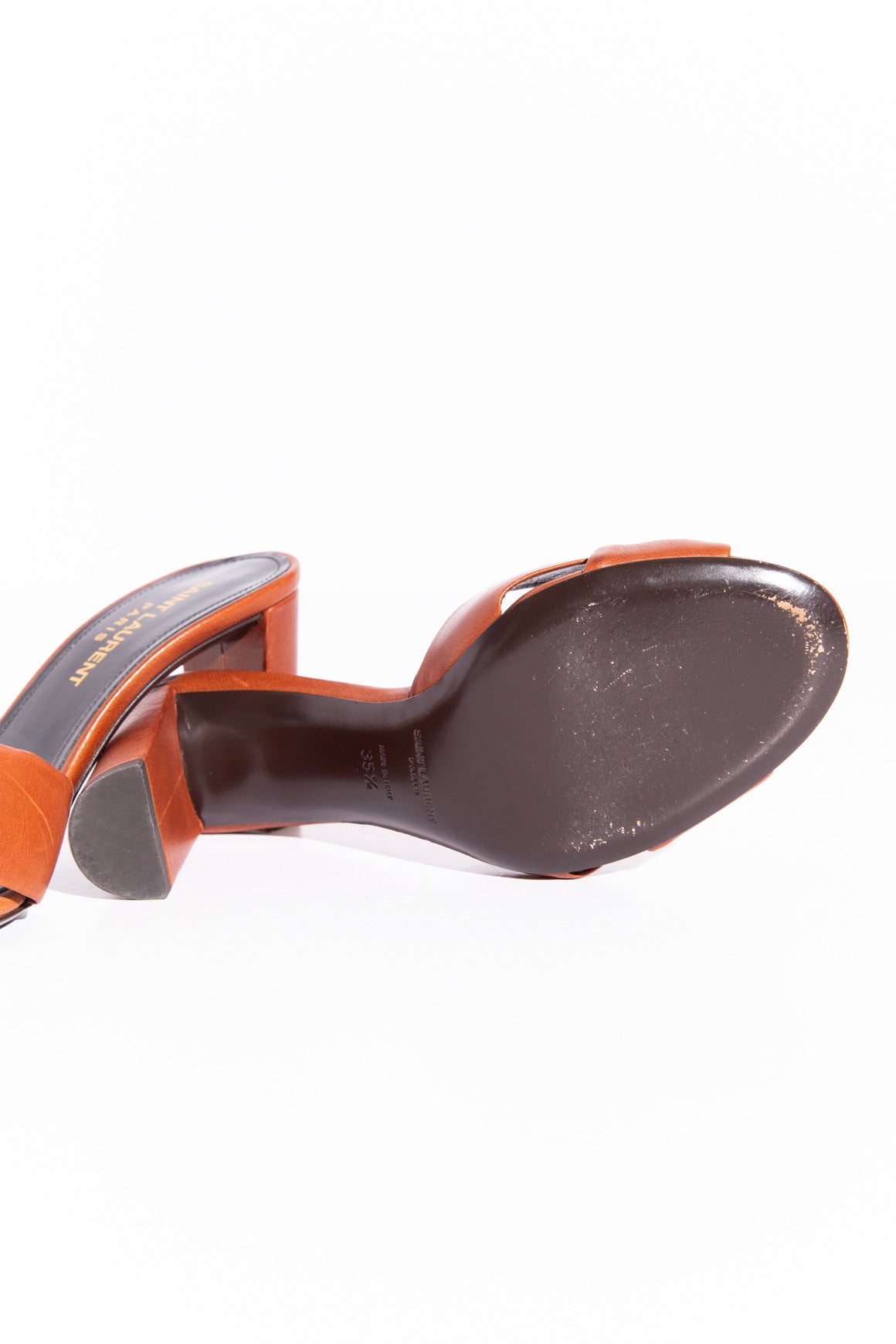 SAINT LAURENT Leather Knot Heeled Mules (Sz. 35.5)