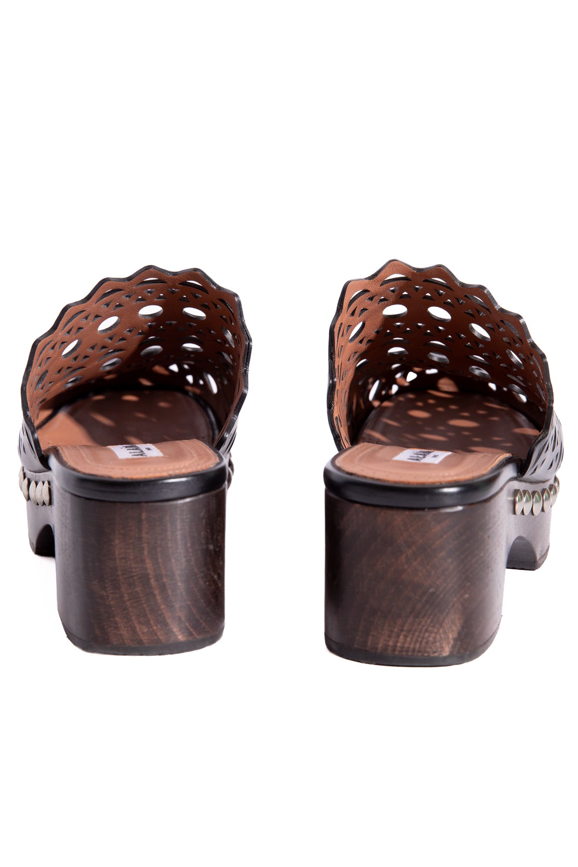 ALAIA Black Laser Cut Leather Clogs (Sz. 35)