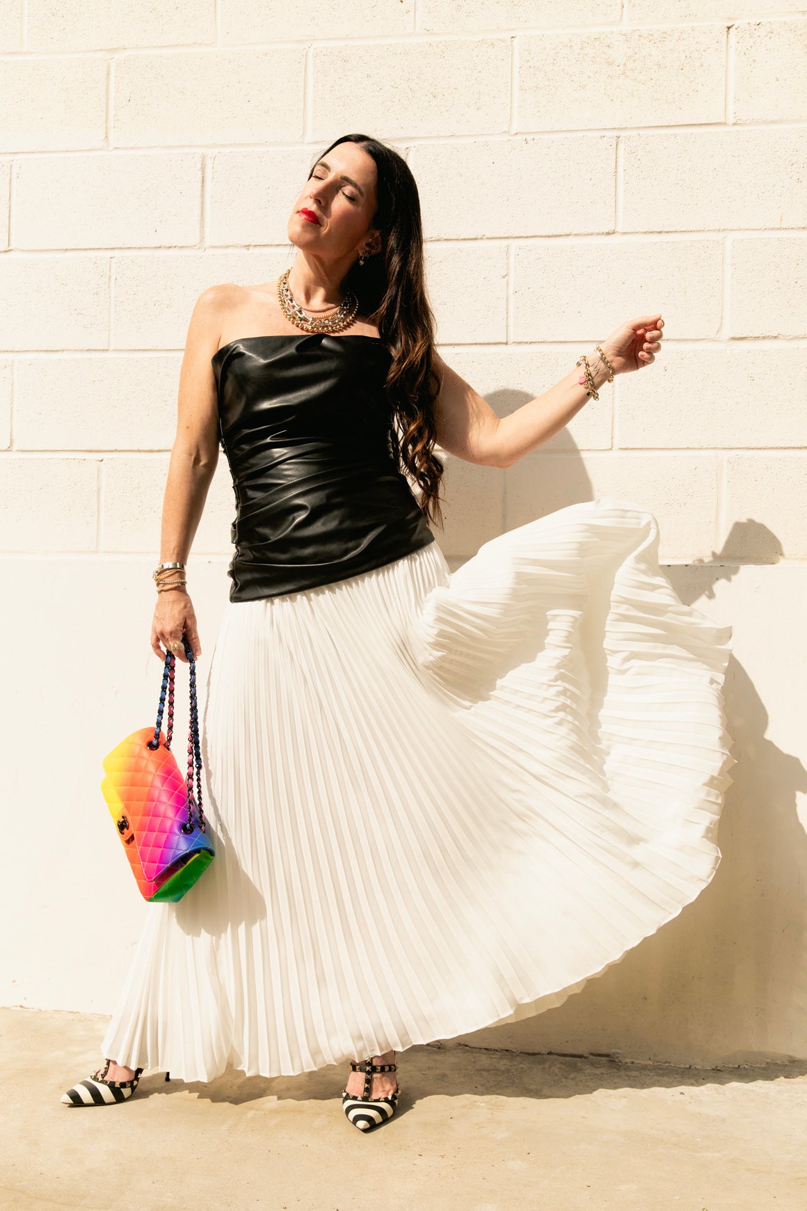 SIMKHAI Black Faux Leather & White Pleat Midi Dress (Sz. 4)