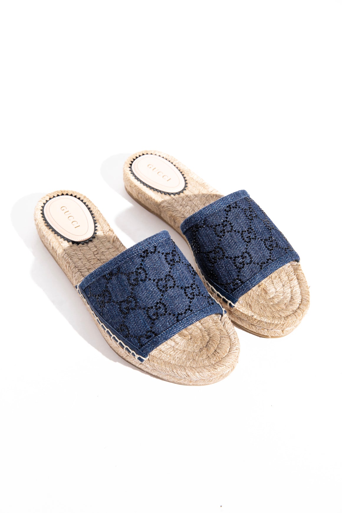 GUCCI Denim Crystal 'GG' Espadrille Sandals (Sz. 37 and 37.5)