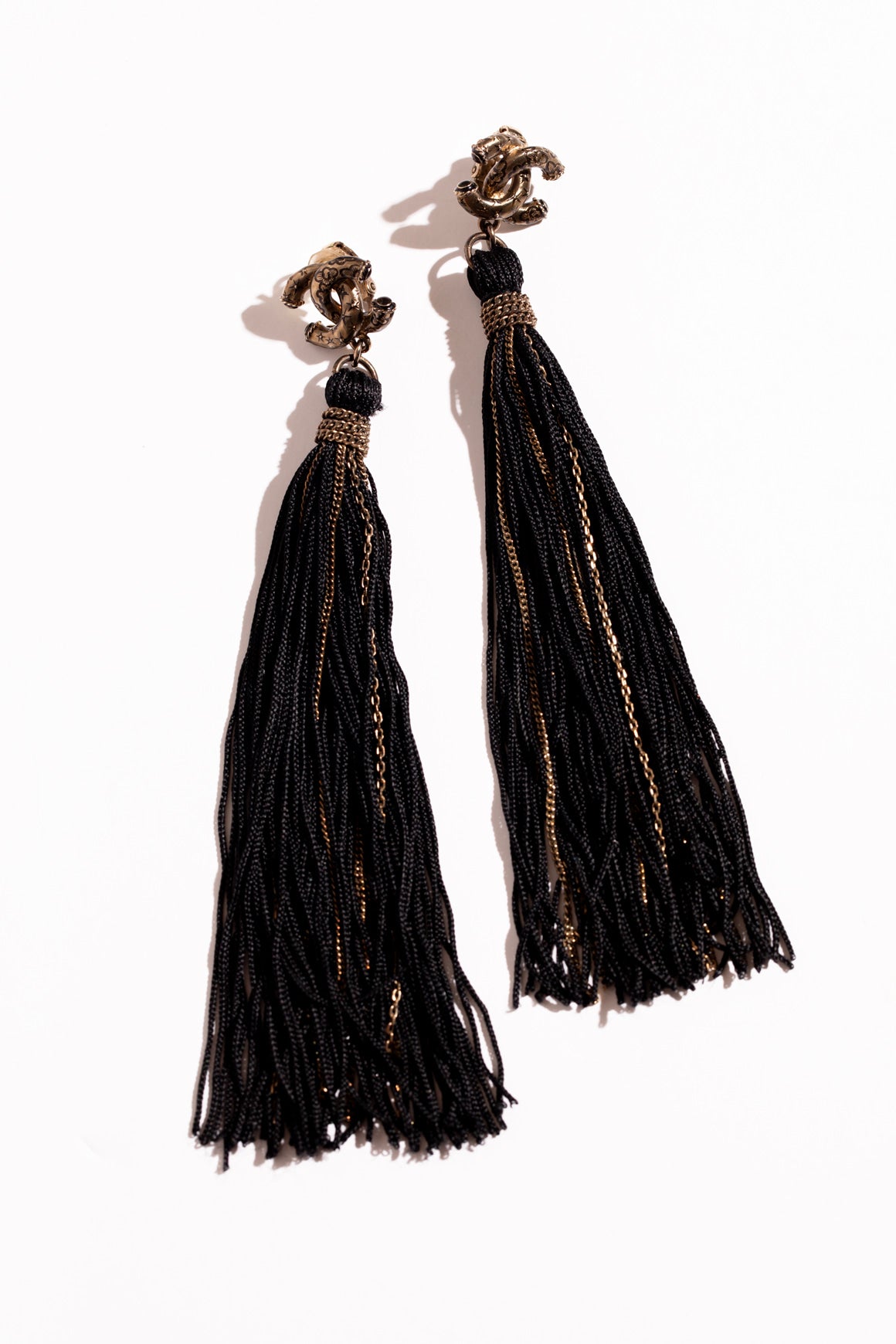 CHANEL Black Fringe Tassel Clip On Earrings