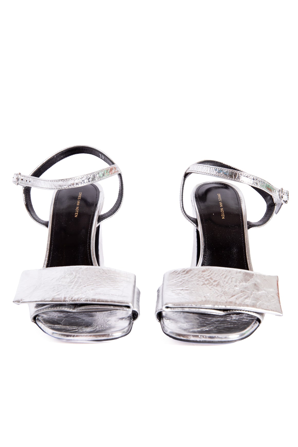 DRIES VAN NOTEN Silver Crinkle Leather Block Heel Sandals (Sz. 38)