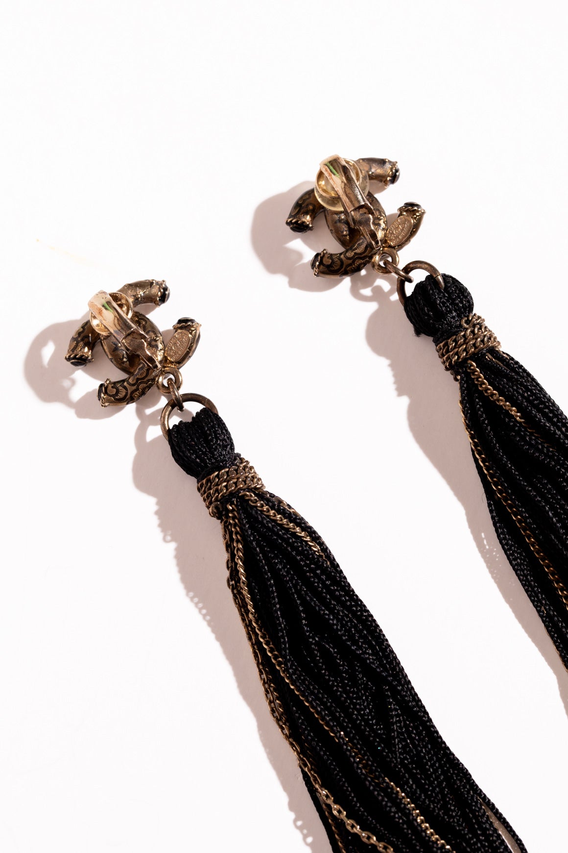 CHANEL Black Fringe Tassel Clip On Earrings
