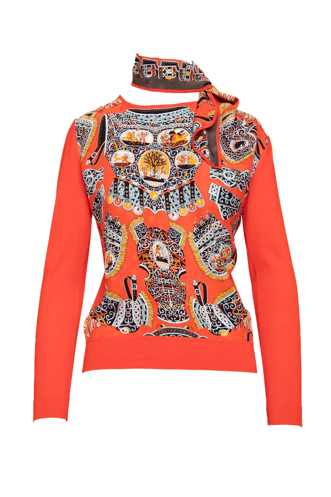 HERMES Red Silk Scarf Sweater With Neck Sash (Sz. S)