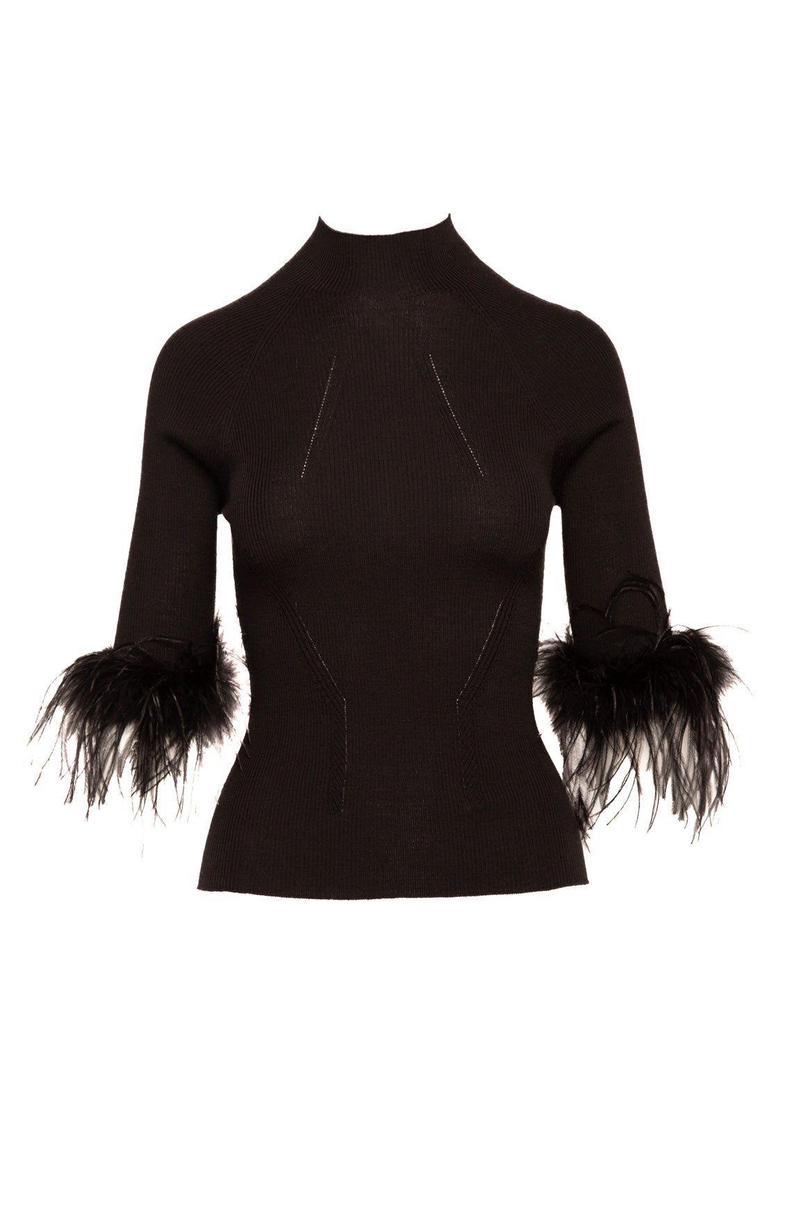 LANVIN Black Knit Mock Neck Mid Sleeve Feather Trim Top (Sz. XS)