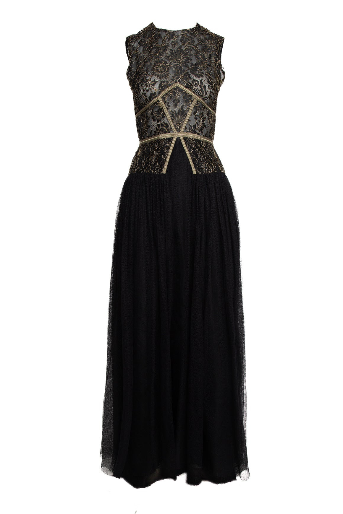 SOPHIA KAH Black & Gold Lace & Tulle Sleeveless Gown (Sz. 10)