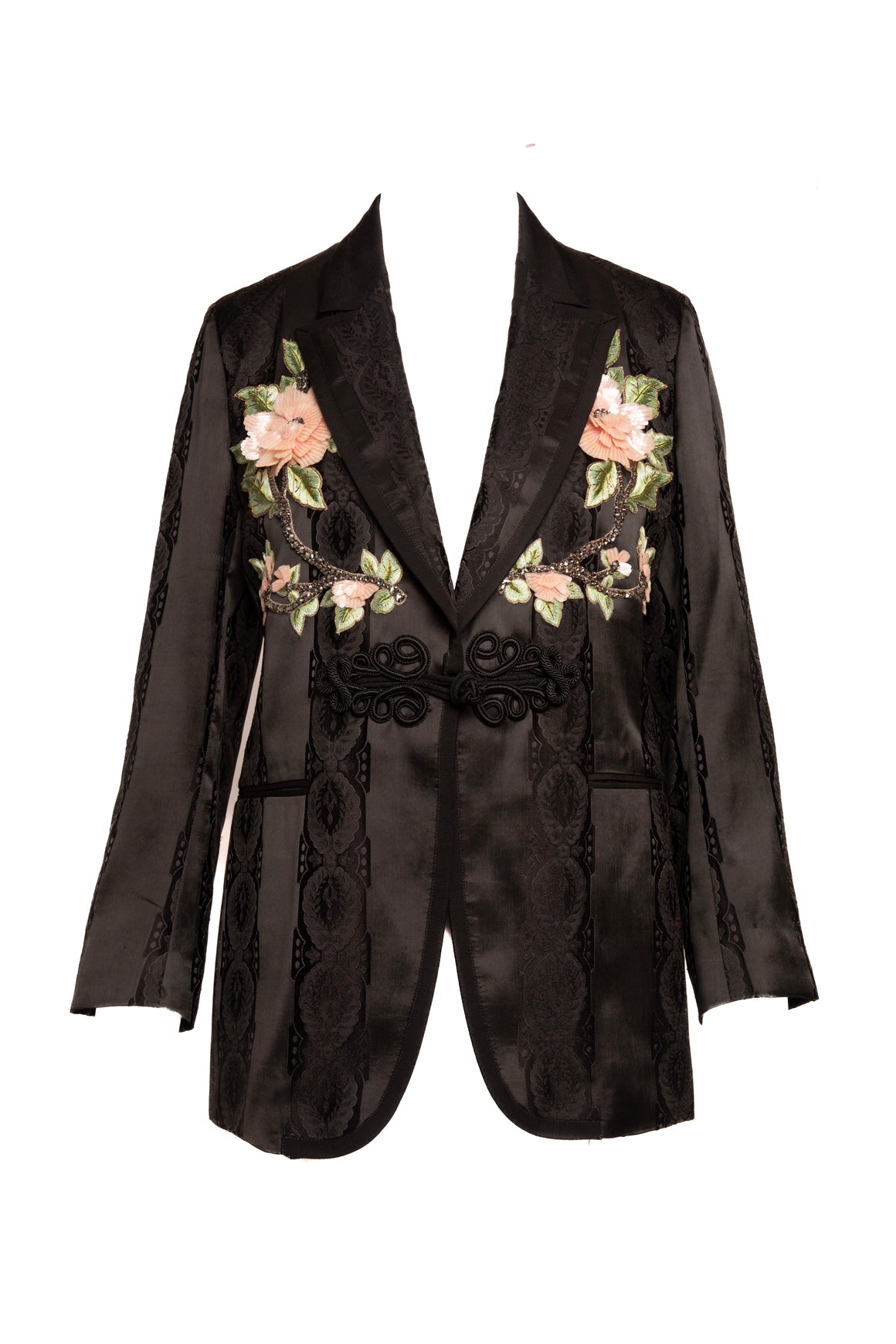 GUCCI Black Satin Floral Embellished Blazer (Sz.44/8)