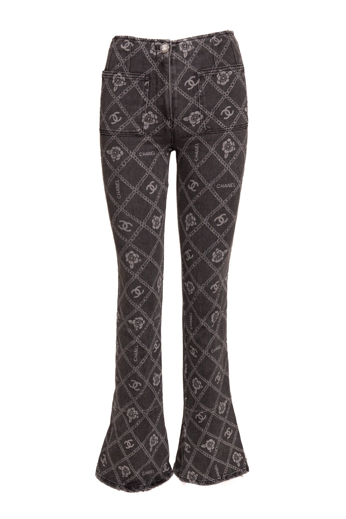 CHANEL Charcoal CC & Chain Print Kick Flare Jeans (Sz. 36/4)