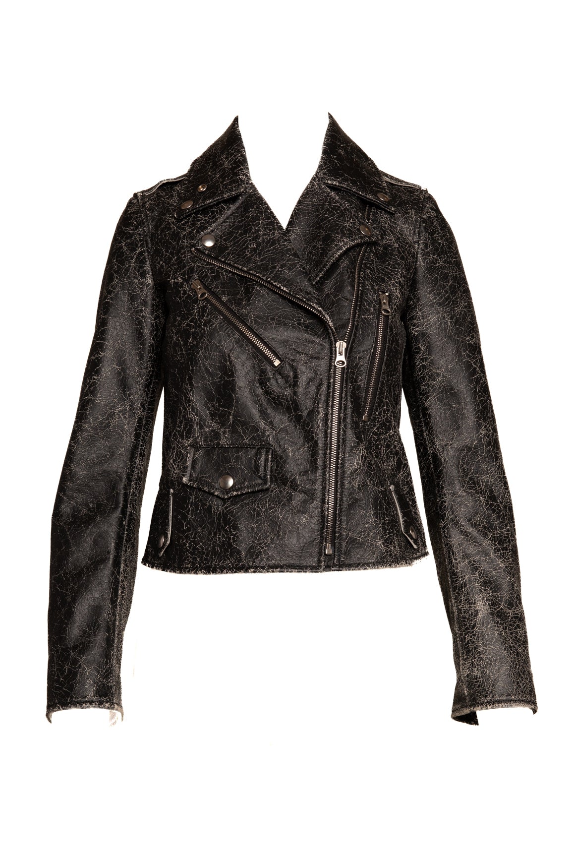 MM6 Black Crinkle Distressed Leather Biker Jacket (Sz. 40/4)