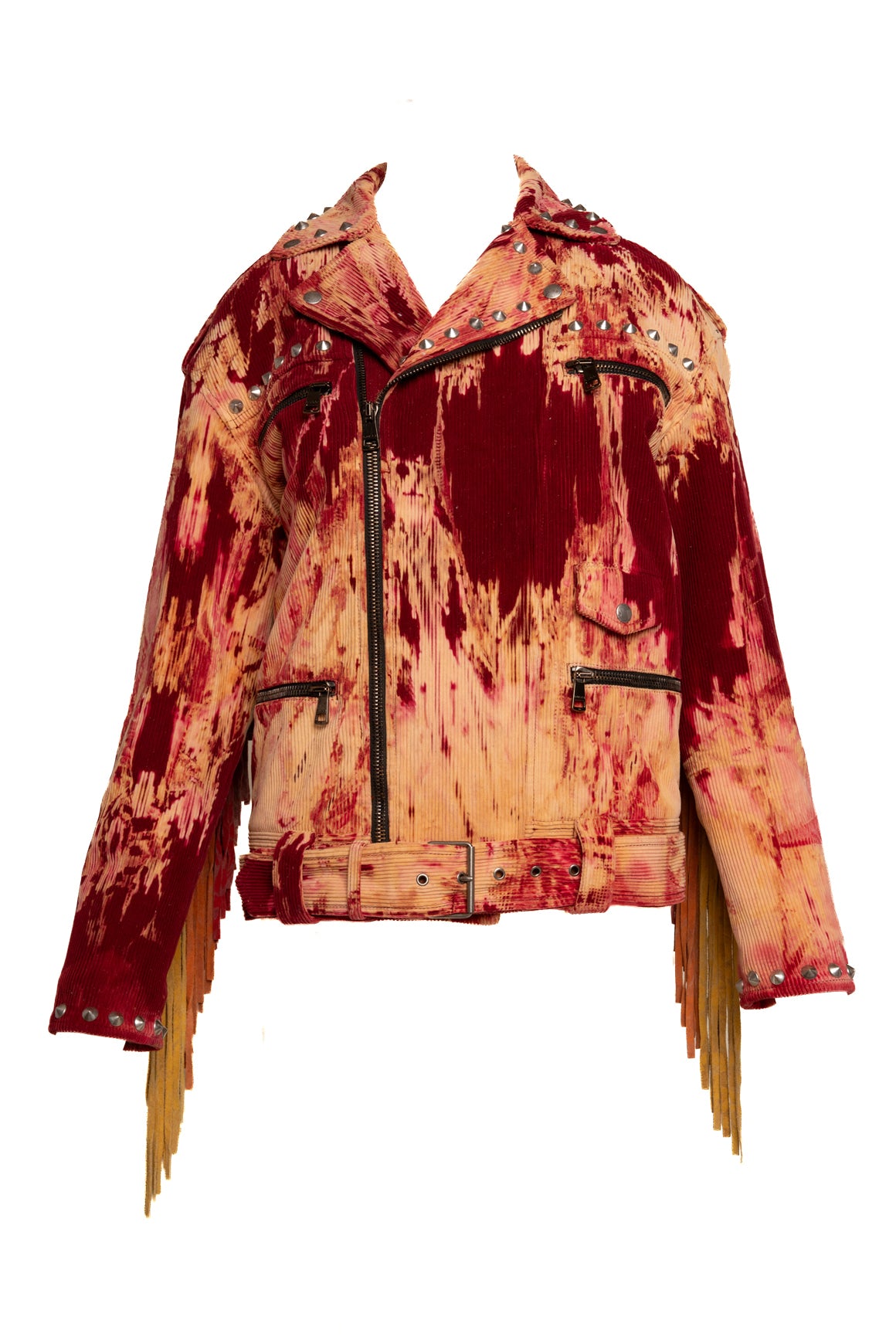 GUCCI Red Tie Dye Corduroy Fringe Biker Jacket (Sz. 36/XS)