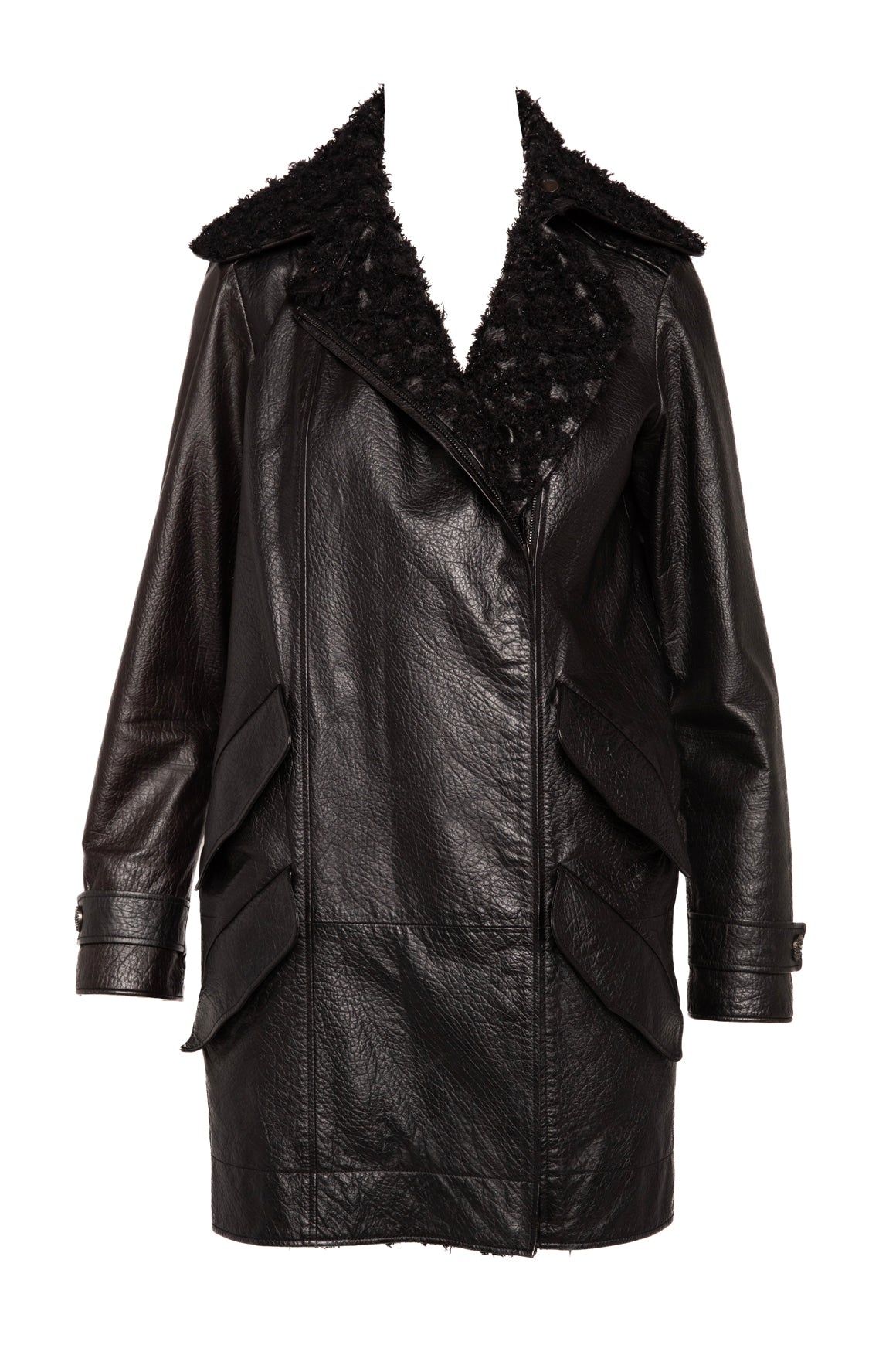 CHANEL Black Leather Tweed Collar Longline Coat (Sz. 0)