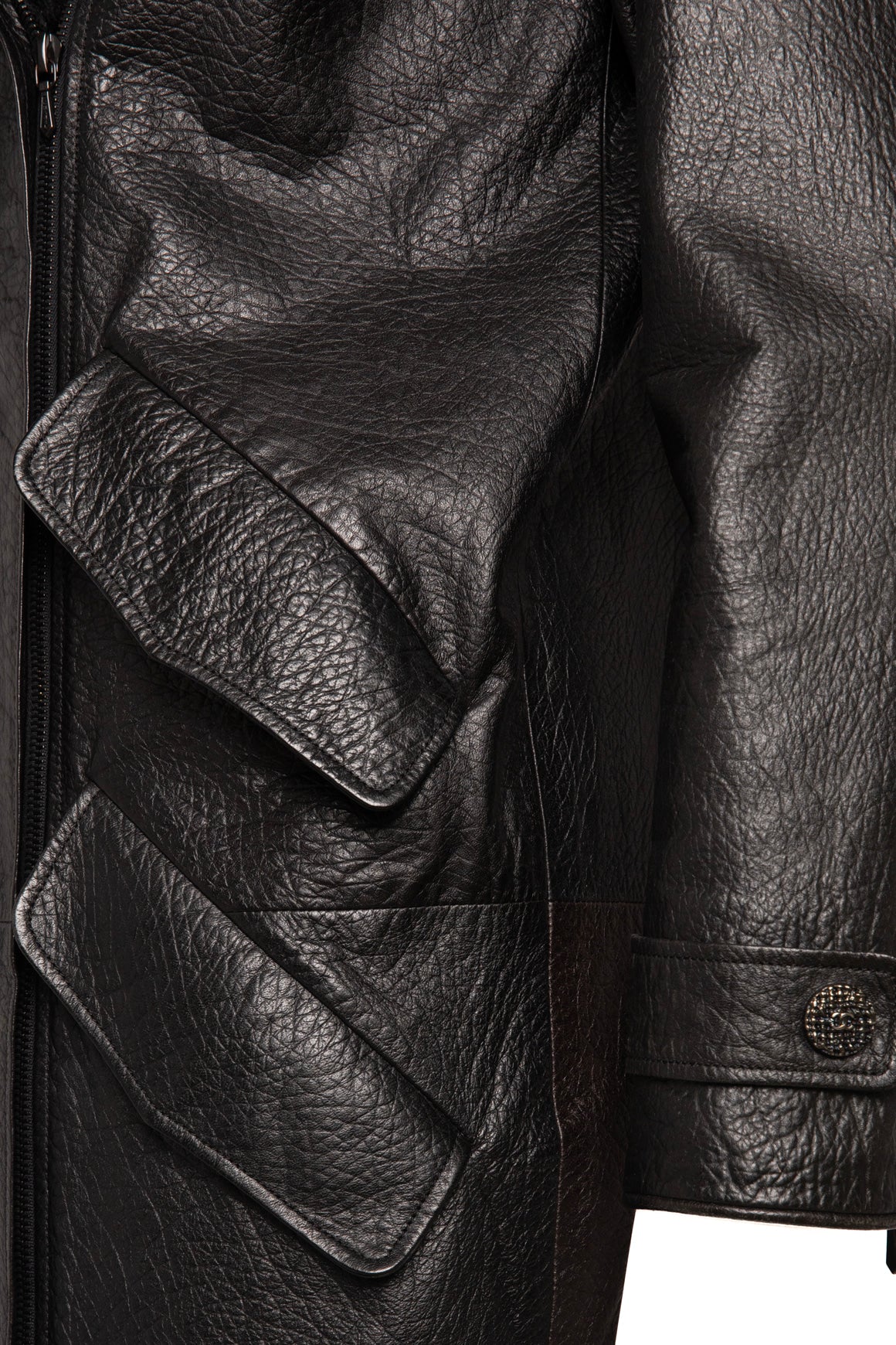 CHANEL Black Leather Tweed Collar Longline Coat (Sz. 0)