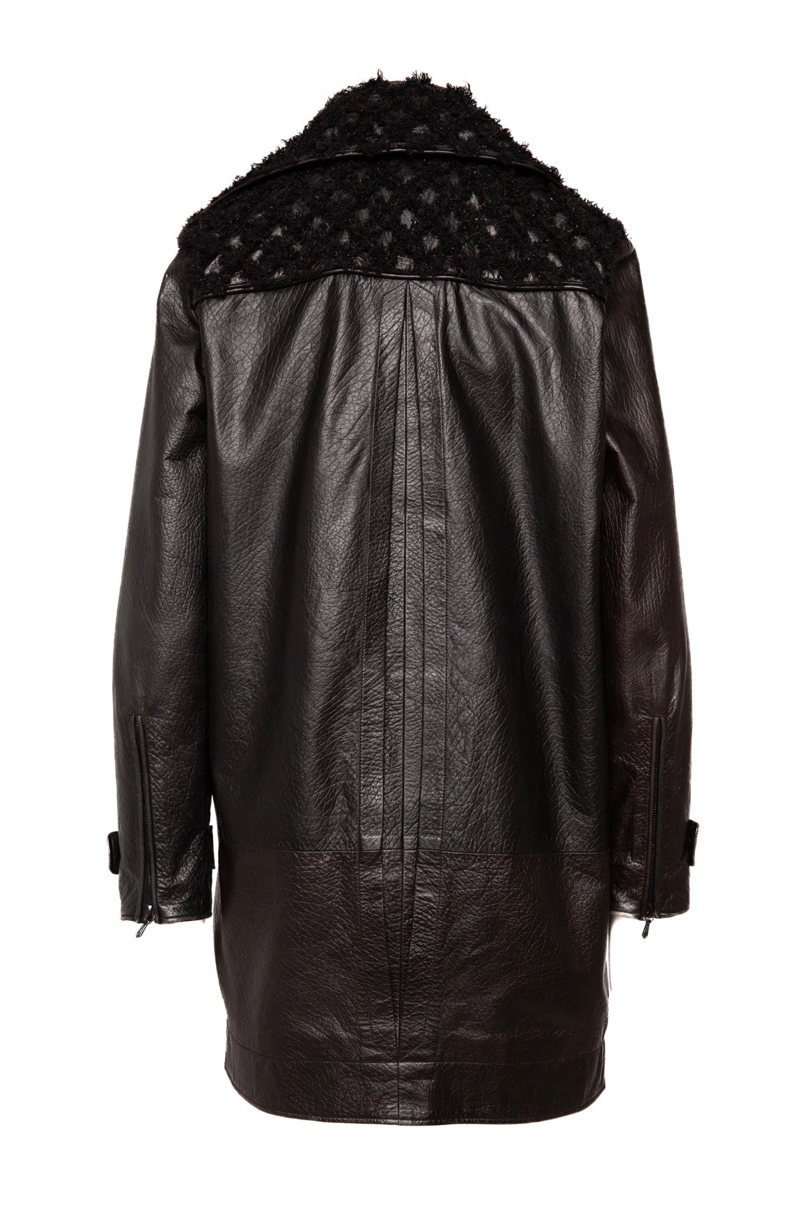 CHANEL Black Leather Tweed Collar Longline Coat (Sz. 0)