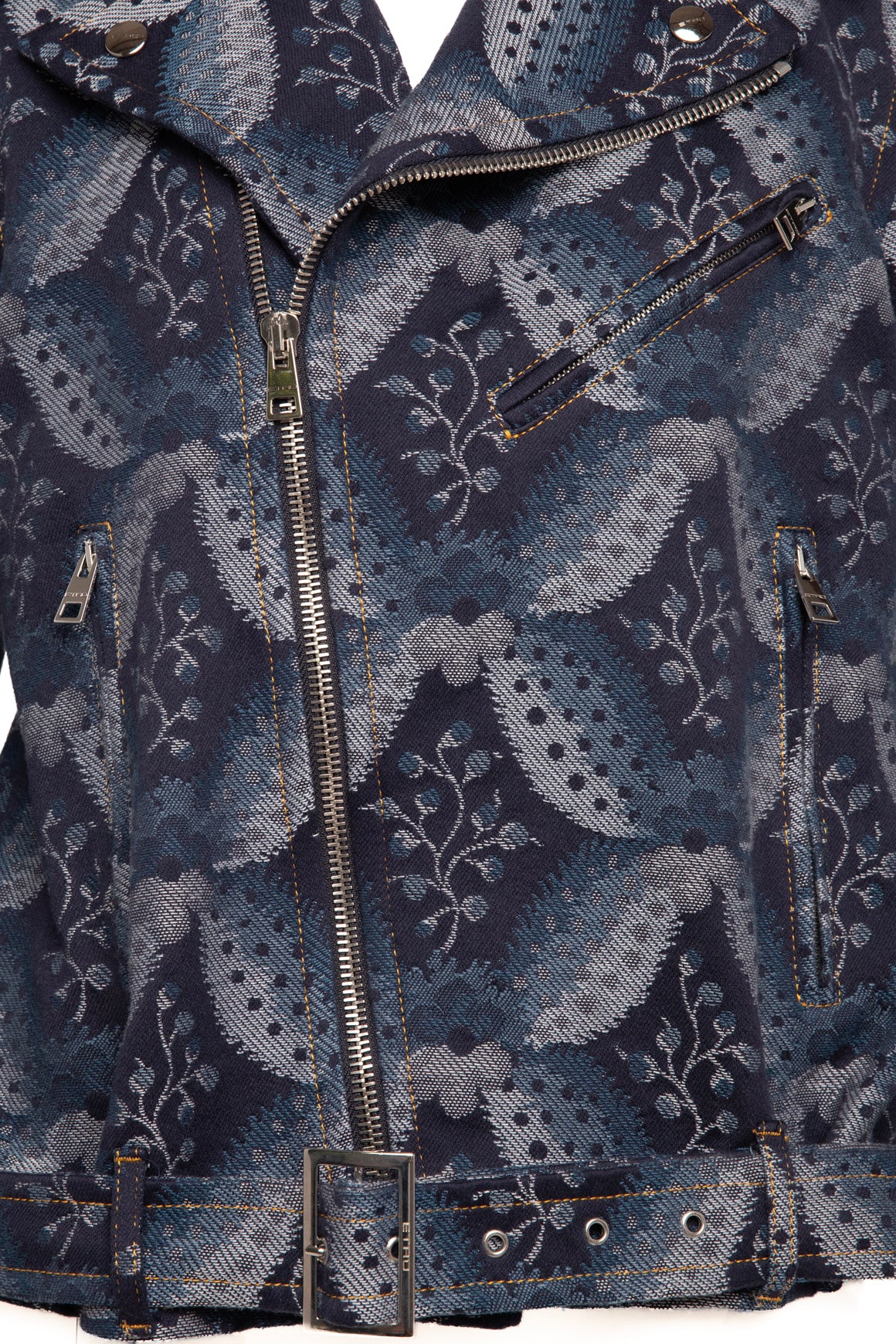 ETRO Indigo Paisley Denim Moto Jacket with Belt (Sz. 6)
