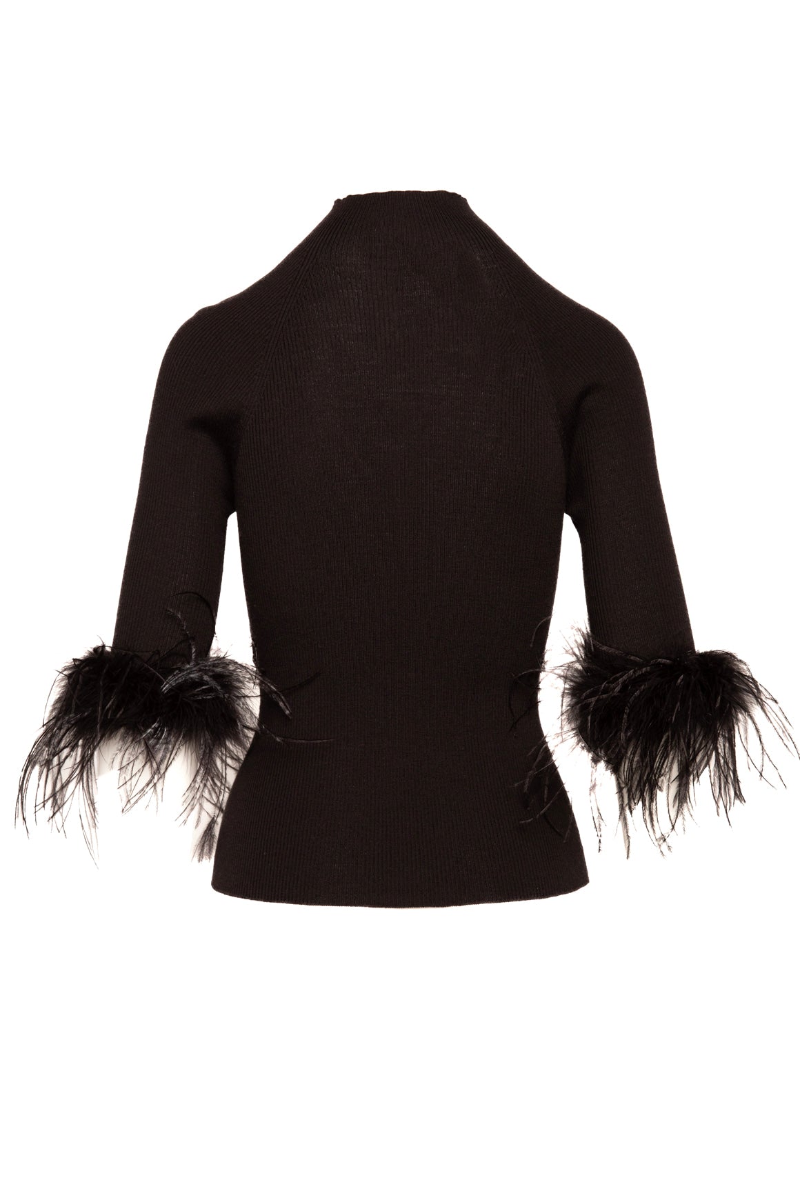 LANVIN Black Knit Mock Neck Mid Sleeve Feather Trim Top (Sz. XS)