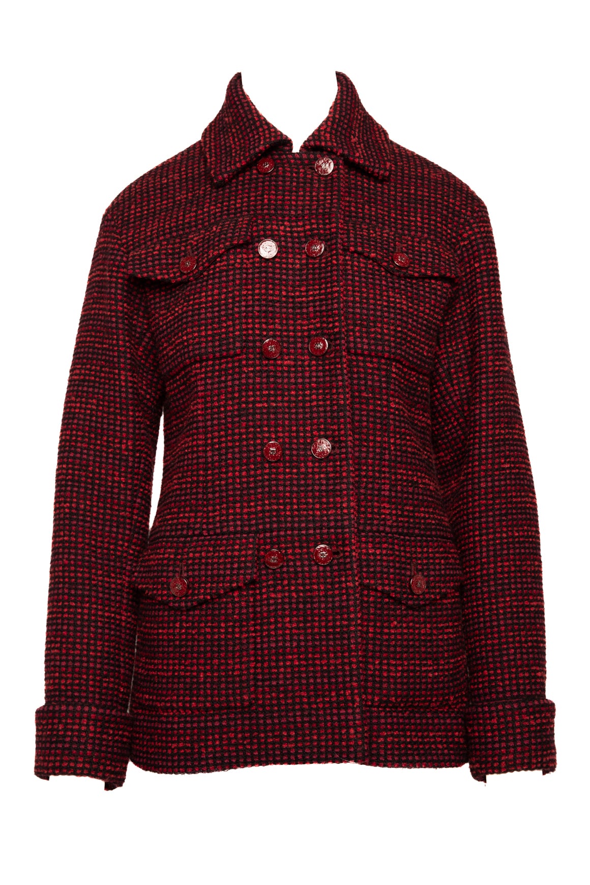 CHANEL Red & Black Double Breasted Tweed Wool Coat (Sz.38/2)