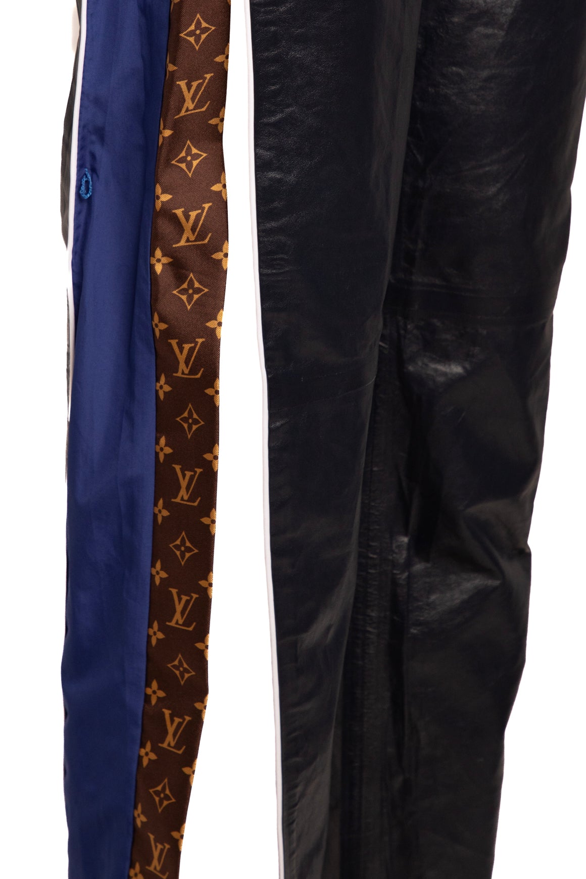 LOUIS VUITTON Navy Leather & Monogram Stripe Accent Joggers (Sz.S)