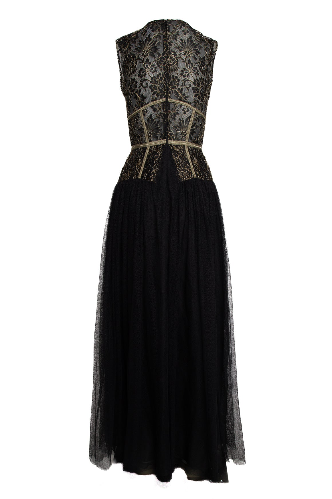SOPHIA KAH Black & Gold Lace & Tulle Sleeveless Gown (Sz. 10)