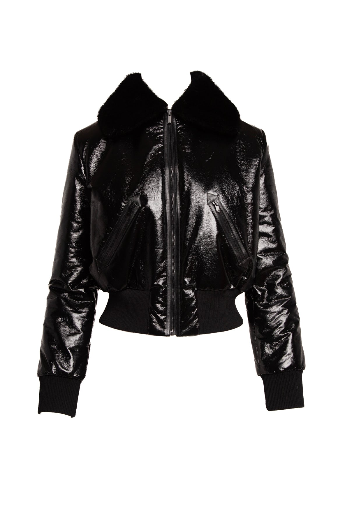 SAINT LAURENT Black Faux Leather Fur Collar Bomber Jacket (Sz. 38/6)