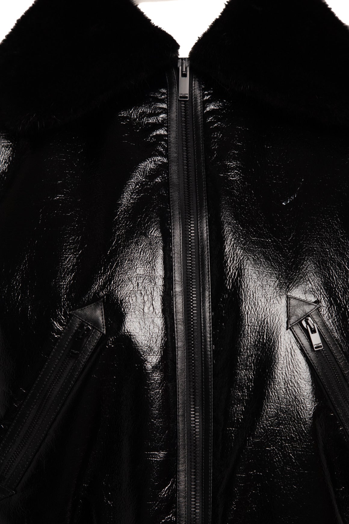 SAINT LAURENT Black Faux Leather Fur Collar Bomber Jacket (Sz. 38/6)