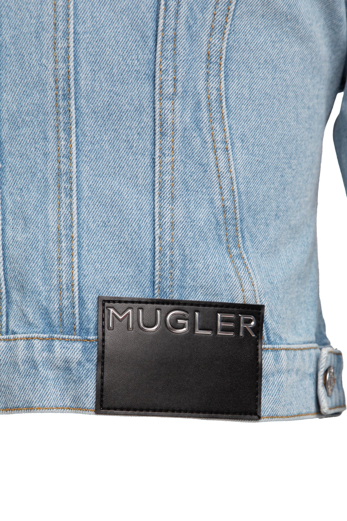 MUGLER Light Wash Denim Leather Logo Label Jacket (Sz. 0)