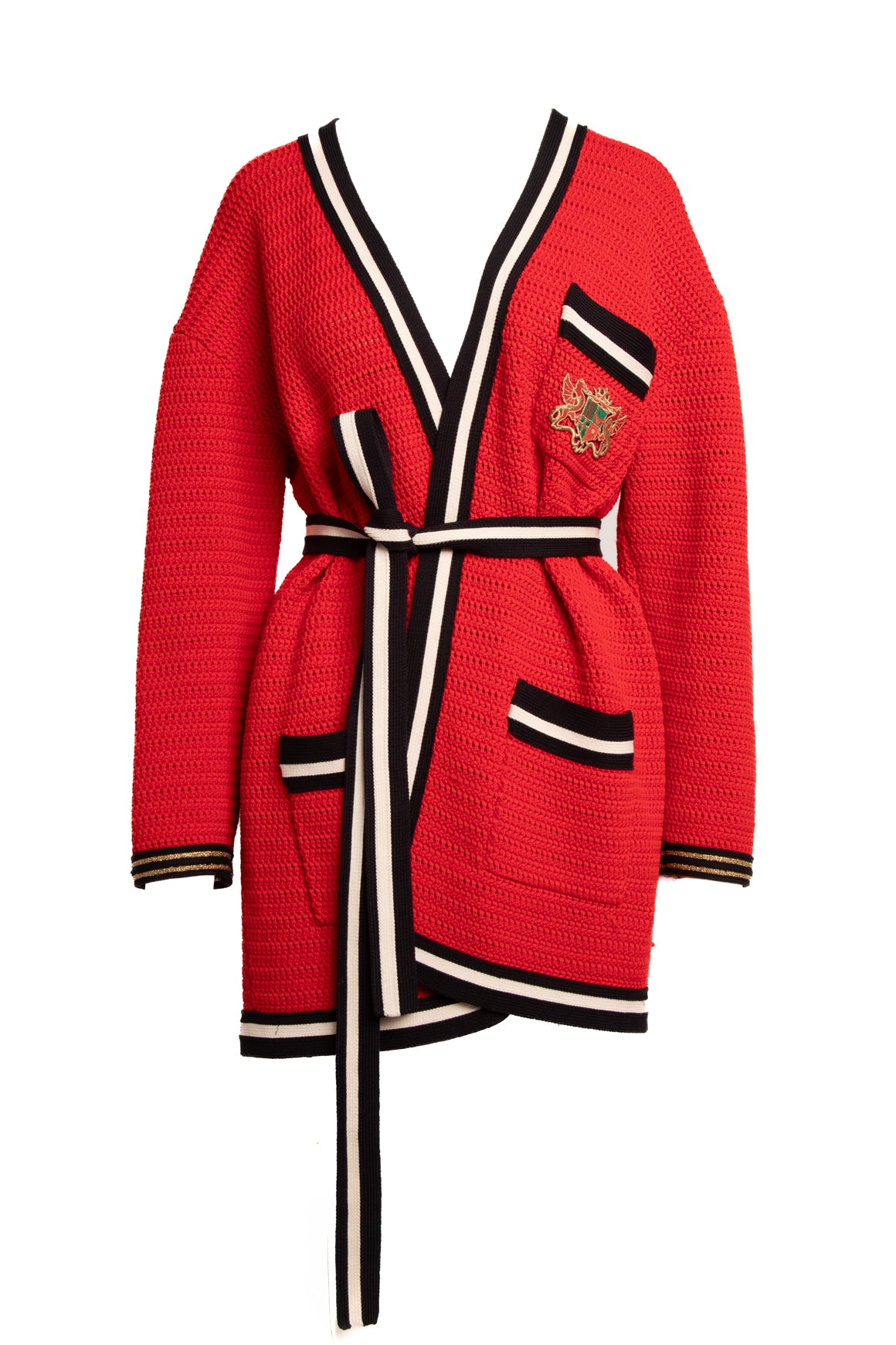 GUCCI Red Constrast Trim Knit Belted Cardigan Sweater (Sz.M)