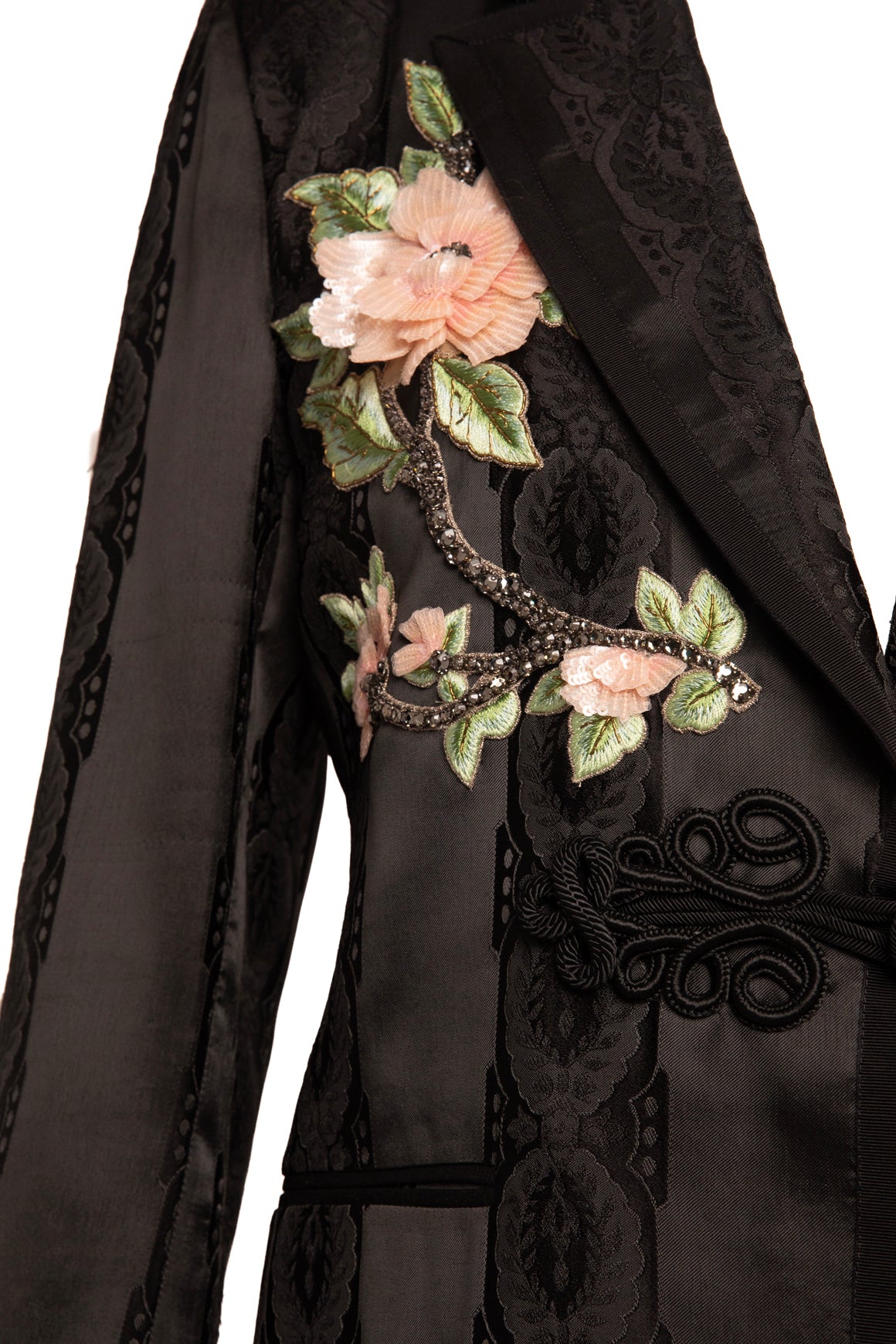 GUCCI Black Satin Floral Embellished Blazer (Sz.44/8)
