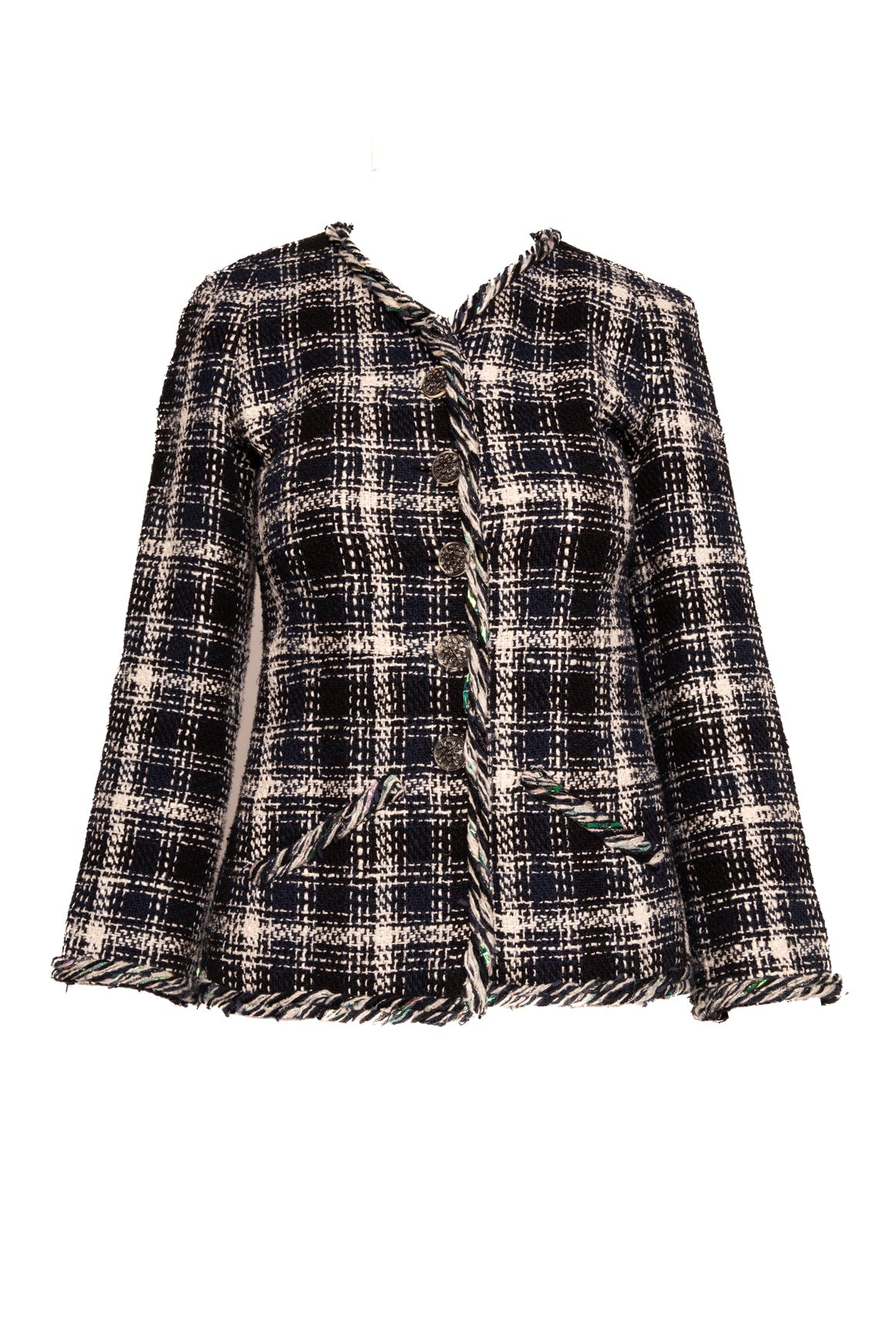 CHANEL Blue & Cream Plaid Tweed Longline Jacket (Sz.34/0)