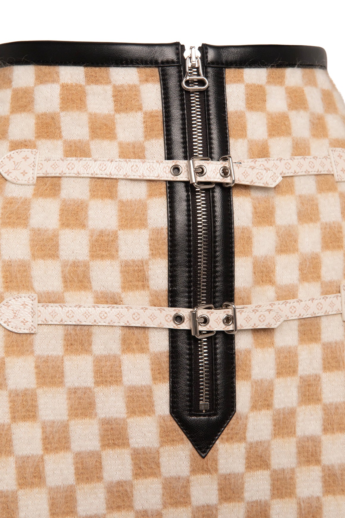 LOUIS VUITTON Beige Checker Leather Trim Jacket & Skirt (Sz.S)
