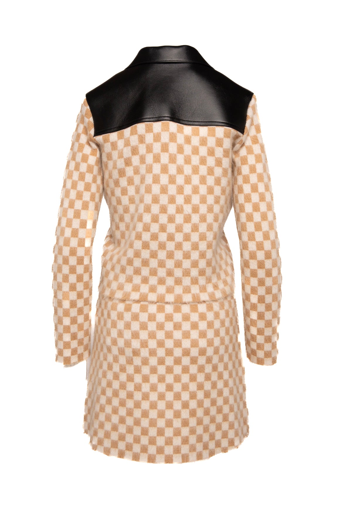 LOUIS VUITTON Beige Checker Leather Trim Jacket & Skirt (Sz.S)