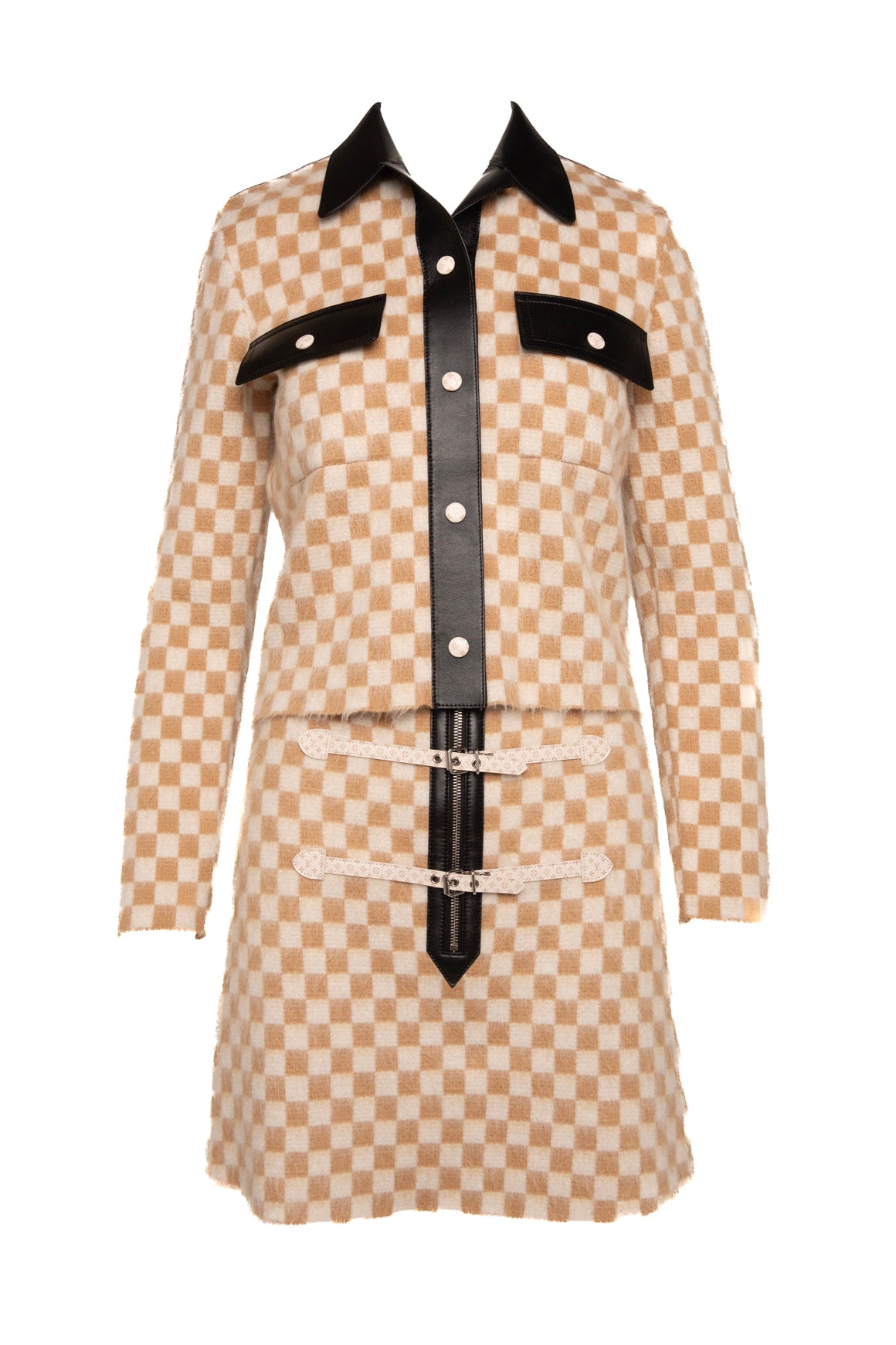 LOUIS VUITTON Beige Checker Leather Trim Jacket & Skirt (Sz.S)