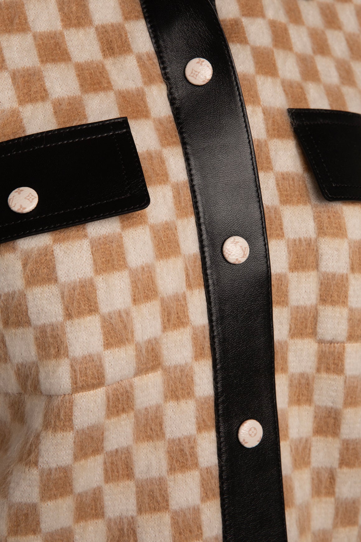 LOUIS VUITTON Beige Checker Leather Trim Jacket & Skirt (Sz.S)